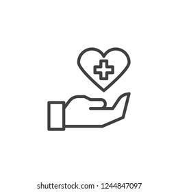 Cardiology Care Hand outline icon. linear style sign for mobile concept and web design. Hands holding heart with medical cross simple line vector icon. Symbol, logo illustration. Pixel perfect vector 