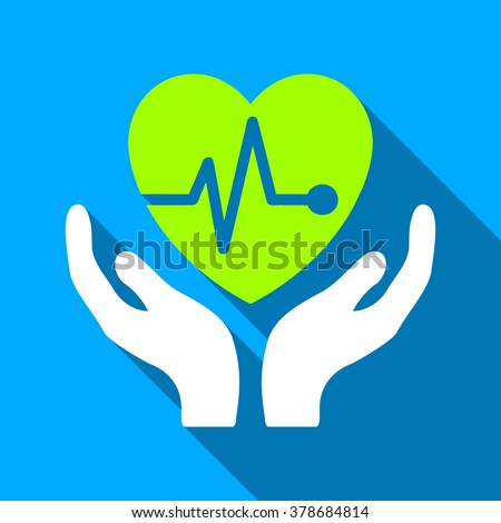 Cardiology Care Hands long shadow vector icon. Style is a flat light symbol with rounded angles on a blue square background.