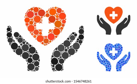 Cardiology care hands mosaic of small circles in various sizes and color hues, based on cardiology care hands icon. Vector filled circles are united into blue mosaic.