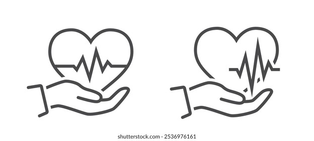 Cardiology care line icons. Heart in hand and heartbeat. Medical design elements. Isolated vector images in simple style