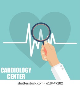 Cardiology center. Doctor hand holding a magnifying glass for heartbeat