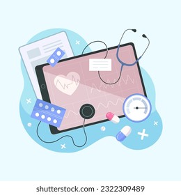 Cardiology. Checking heart health and cardiovascular pressure. Vector illustration in flat style