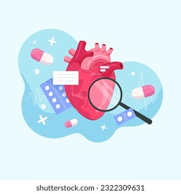 Cardiología. Control de la salud cardiaca y de la presión cardiovascular. Ilustración vectorial en estilo plano