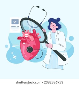 Cardiology. Checking heart health and cardiovascular pressure. Vector illustration in flat style