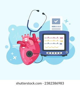 Cardiology. Checking heart health and cardiovascular pressure. Vector illustration in flat style