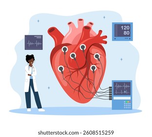 Cardiology concept. African Female doctor check ECG, EKG, cardiogram and electrocardiogram. Health heart check up and cardiovascular pressure. Vector illustration in flat cartoon style.