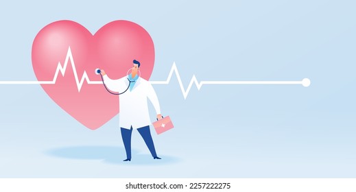 Cartel de concepto de cardiología. El médico con estetoscopio examina el corazón con cardiograma. Ilustración del vector