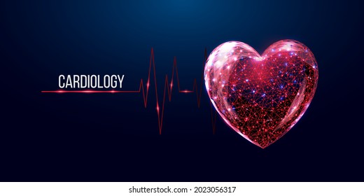 Cardiology concept banner. Wireframe low poly style red heart.   Abstract modern 3d vector illustration on dark blue background.