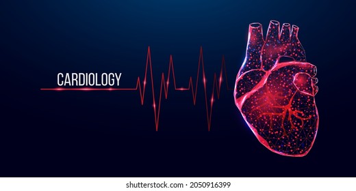 Kardiologie-Konzept-Banner. Wireframe rotes, Low-Poly-Stil-menschliches Herz. Abstrakte moderne 3D-Vektorgrafik auf dunkelblauem Hintergrund.