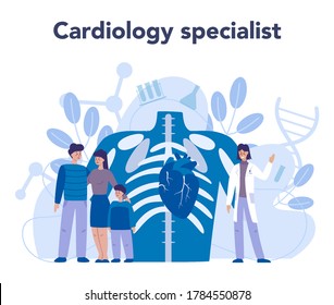 Cardiology concept. Cardiologist listen to heartbeat. Doctor deal with the disorder of the heart. Cardiology doctor make diagnos and treatment of congential heart defect. Vector illustration.