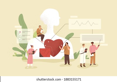 Cardiology concept. Cardiologists checking up heart of patient. Medical diagnostics of human cardio diseases. Examination and treatment of cardiovascular system. Colored flat vector illustration