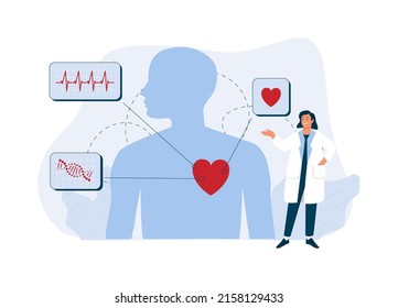 Cardiology concept. Cardiologists checking up heart of patient. Medical diagnostics of human cardio diseases. Examination and treatment of cardiovascular system. Colored flat vector illustration