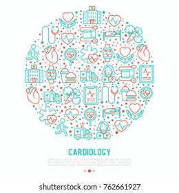 Concepto de cardiología en círculo con iconos de línea delgada: cardiólogo, estetoscopio, hospital, pulsómetro, cardiograma, latido cardiaco. Ilustración vectorial moderna para banner, página web, medios impresos.