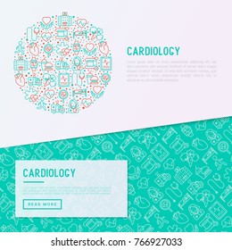 Cardiology concept in circle with thin line icons set: cardiologist, stethoscope, hospital, pulsometer, cardiogram, heartbeat. Modern vector illustration for banner, web page, print media.