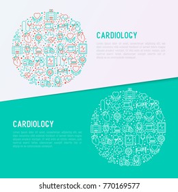 Cardiology concept in circle with thin line icons set: cardiologist, stethoscope, hospital, pulsometer, cardiogram, heartbeat. Modern vector illustration for banner, web page, print media.