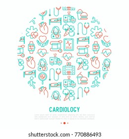 Cardiology concept in circle with thin line icons set: cardiologist, stethoscope, hospital, pulsometer, cardiogram, heartbeat. Modern vector illustration for banner, web page, print media.