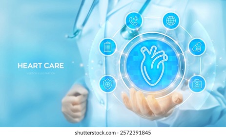 Cardiology concept. Diagnostics Treatment of heart disease, myocardial infarction. Doctor holding in hand human heart icon and medical icons network connection on virtual screen. Vector illustration.