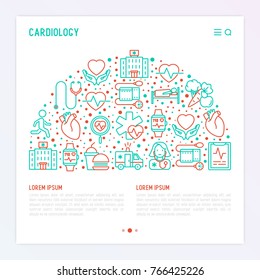 Cardiology concept in half circle with thin line icons set: cardiologist, stethoscope, hospital, pulsometer, cardiogram, heartbeat. Modern vector illustration for banner, web page, print media.