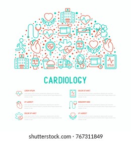 Cardiology concept in half circle with thin line icons set: cardiologist, stethoscope, hospital, pulsometer, cardiogram, heartbeat. Modern vector illustration for banner, web page, print media.