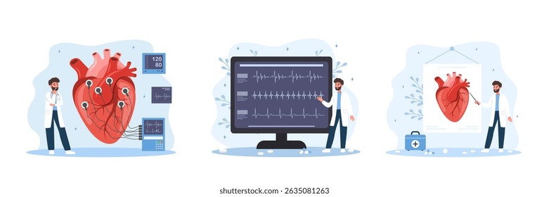 Cardiology concept. Male doctor check ECG, EKG, cardiogram and electrocardiogram. Health heart check up and cardiovascular pressure. Set of Vector illustrations in flat cartoon style.