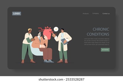 Cardiology concept. Medical professionals discussing a patient's heart condition, portraying healthcare management. Doctor-patient consultation and diagnosis. Vector illustration.