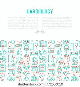 Cardiology concept with thin line icons set: cardiologist, stethoscope, hospital, pulsometer, cardiogram, heartbeat. Modern vector illustration for banner, web page, print media.