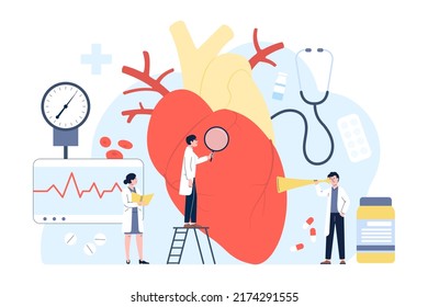 Cardiology diagnostic concept with tiny doctors and nurse. Cardiologist look at patient heart before operation, hospital work recent vector scene