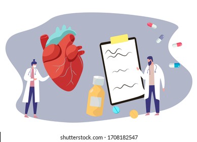 Cardiology Doctors Checking Huge Anatomical Heart. Medical Cardiology. Heart Attack. Flat Vector Illustration