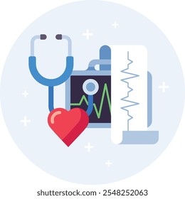 Cardiology equipment including a stethoscope, heart shape, and ekg report are combined in a visually appealing design, emphasizing the importance of heart health and medical diagnostics