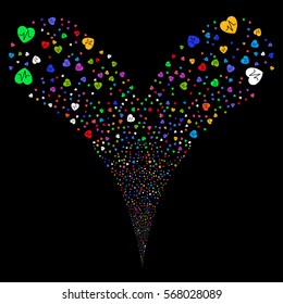 Cardiology fireworks stream. Vector illustration style is flat bright multicolored iconic symbols on a black background. Object double fountain organized from random design elements.