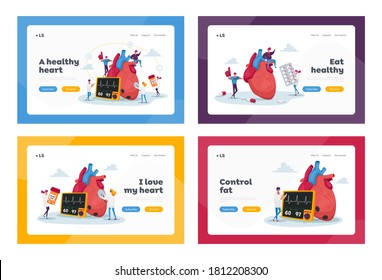 Cardiology Health Care, Medicine Landing Page Template Set. Tiny Doctor Characters with Drugs and Equipment at Huge Human Heart Measure Pulse and Cholesterol Level. Cartoon People Vector Illustration