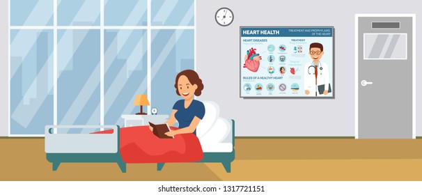 Cardiology Hospital Ward Flat Vector Illustration. Cartoon Color Character. Inpatient Treatment Concept. Sick Woman Reads Book in Bed. Heart Health Therapy and Prophylactic Preventive Poster, Banner