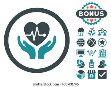 Cardiology icon with bonus design elements. Vector illustration style is flat iconic bicolor symbols, soft blue colors, white background.