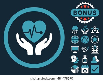 Cardiology icon with bonus elements. Vector illustration style is flat iconic bicolor symbols, blue and white colors, dark blue background.