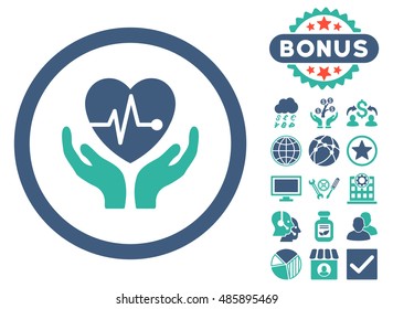 Cardiology icon with bonus elements. Vector illustration style is flat iconic bicolor symbols, cobalt and cyan colors, white background.