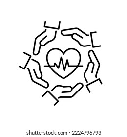 Cardiology icon. Healthcare symbol. Hands holding heart sign. Health insurance concept. Isolated vector illustration.