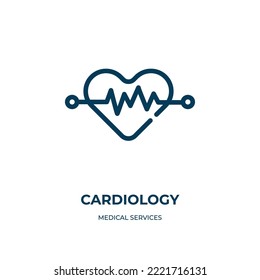 Icono de cardiología. Ilustración lineal vectorial de la colección de servicios médicos. Esbozar vector de icono de cardiología. Símbolo de línea delgada para uso en aplicaciones web y móviles, logotipo, medios impresos.