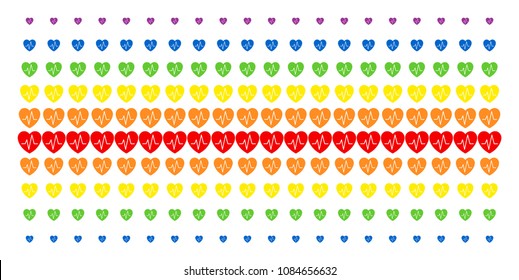 Cardiology icon rainbow colored halftone pattern. Vector objects organized into halftone matrix with vertical spectral gradient. Designed for backgrounds, covers, templates and abstract concepts.