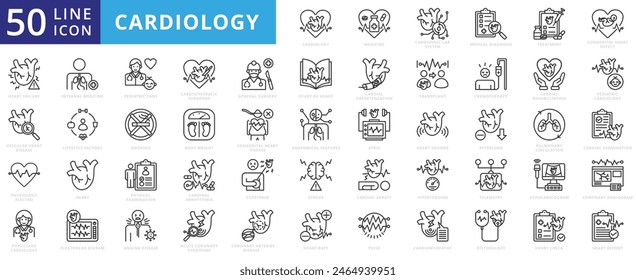 Cardiology icon set with medicine, cardiovascular system, diagnosis, treatment, congenital defect and heart failure.