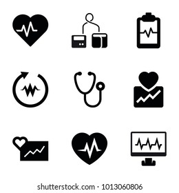 Cardiology icons. set of 9 editable filled cardiology icons such as heartbeat, cardiogram, stethoscope, heartbeat clipboard