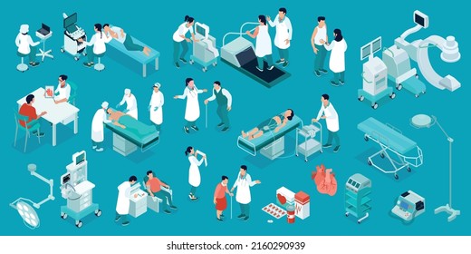 Cardiology isometric set of medical employees leading the reception and examine of patients and performing heart surgery isolated vector illustration