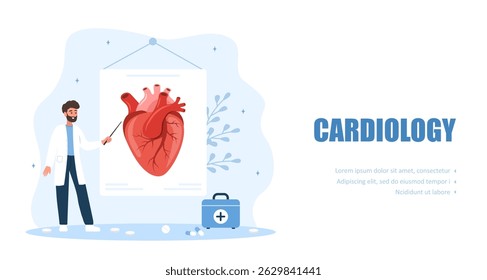 Cardiology. Landing page template. Cardiovascular diseases and health care. Male doctor. Vector illustration in flat cartoon style.