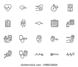 Fijación de iconos de línea de cardiología. Colección de símbolos de estilo lineal de frecuencia cardíaca, paquete de signos de contorno. Gráficos vectoriales de atención médica. El conjunto incluye iconos como ataque al corazón, ecg, pulso de latido del corazón, desfibrilador