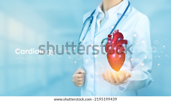 Cardiology\
medicine concept. Diagnostics and Treatment of heart disease,\
myocardial infarction. Doctor holding in hand abstract human heart\
organ. Health care, Medical technology.\
Vector