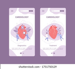 Cardiology mobile application banner set Idea of heart care and medical examination. Doctors treat giant heart. Internal organ. Isolated illustration in cartoon style