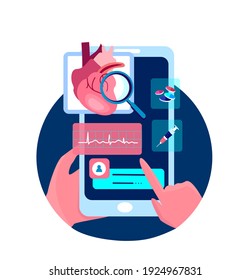 Aplicación móvil de cardiología.Cardiograma cardíaco, consulta de fluorografía.Hospital médico de smartphone.Diagnósticos en línea de Internet.Tratamiento de presión arterial. Servicio Digital. Ilustración de vectores planos