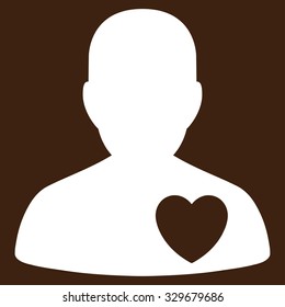 Cardiology Patient vector icon. Style is flat symbol, white color, rounded angles, brown background.