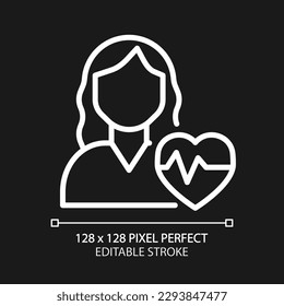 Cardiology pixel perfect white linear icon for dark theme. Treatment and prevention of cardiovascular disorders. Healthcare. Thin line illustration. Isolated symbol for night mode. Editable stroke
