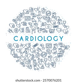 Cardiology Poster Template. Vector line icon, circle illustration for clinic. Heart, cardiogram, blood vessels, blood pressure, heart attack, cardiologist. Health care banner design.