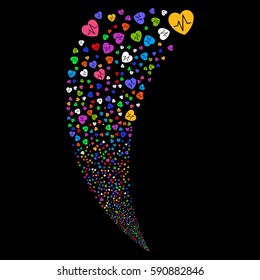 Cardiology random fireworks stream. Vector illustration style is flat bright multicolored iconic symbols on a black background. Object fountain constructed from scattered pictograms.